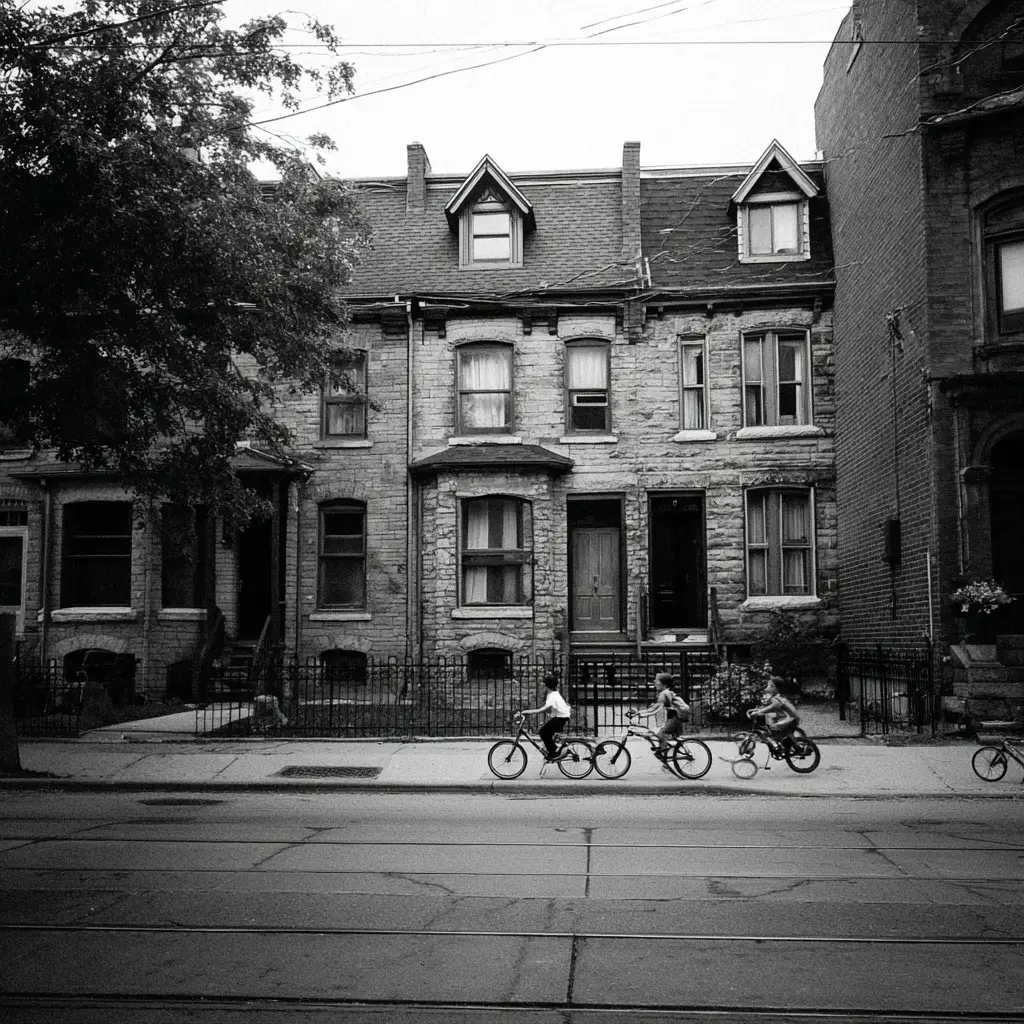 Black-and-white photo of children cycling past Victorian row houses on a Toronto street