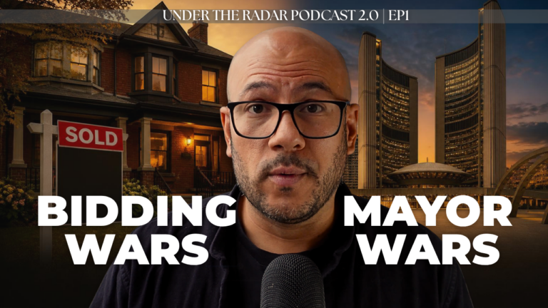 Josh Jean-Baptiste between a Toronto house with a SOLD sign and Toronto City Hall, with the words bidding wars and mayor wars